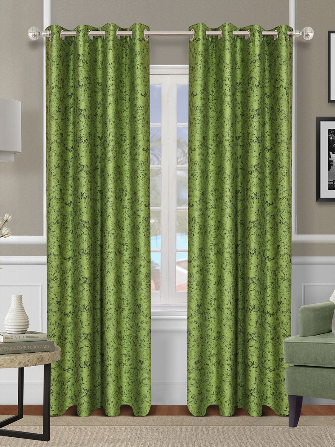 

ROMEE Green & Black Set of 2 Self Design Room Darkening Long Door Curtain