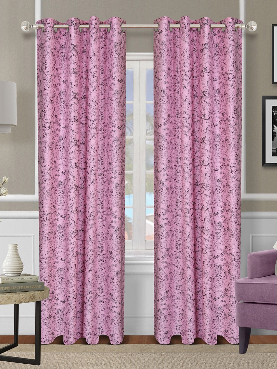 

ROMEE Pink & Black Set of 2 Self Design Room Darkening Long Door Curtain