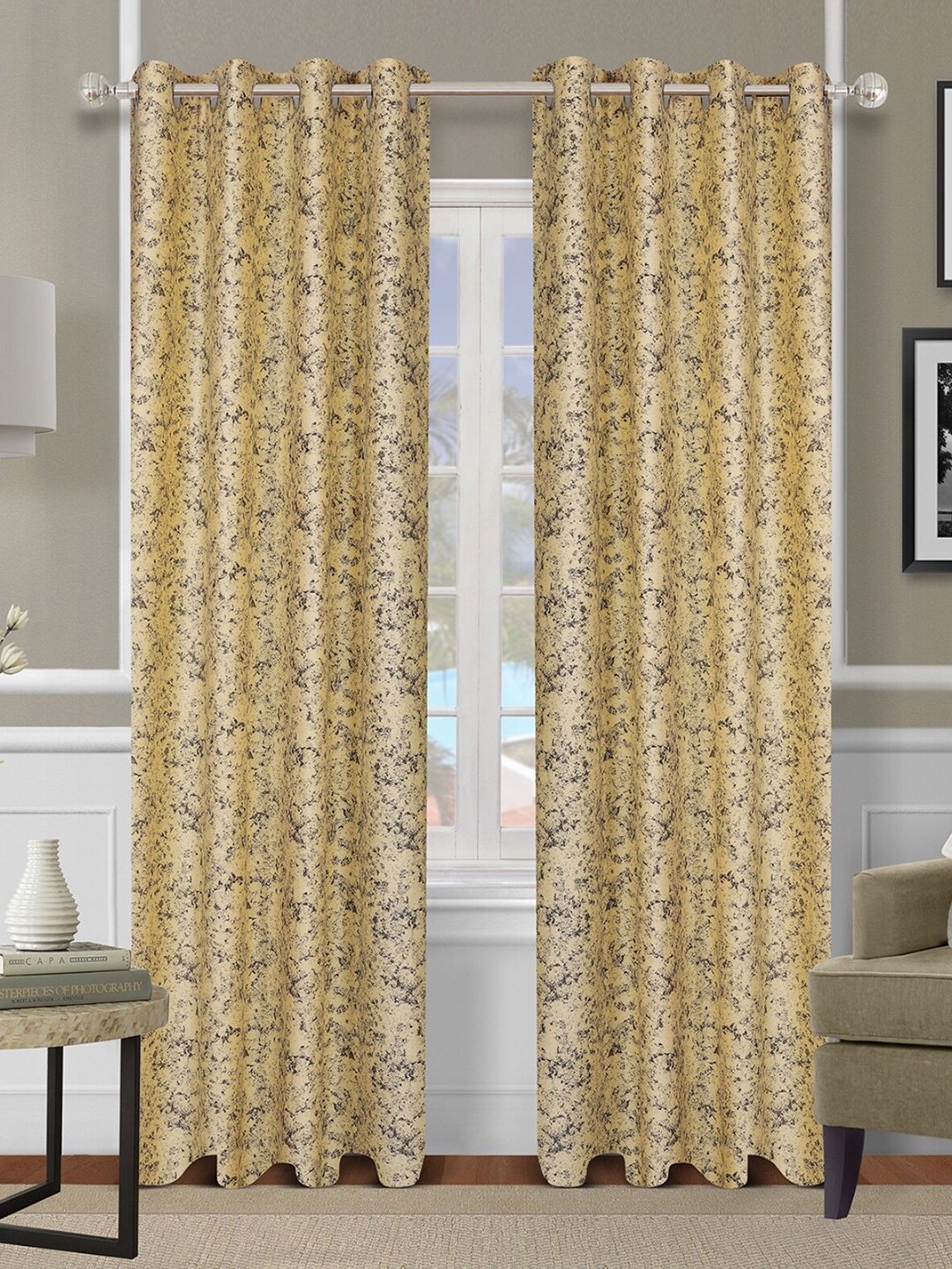 

ROMEE Yellow & Grey Set of 2 Self Design Room Darkening Door Curtain