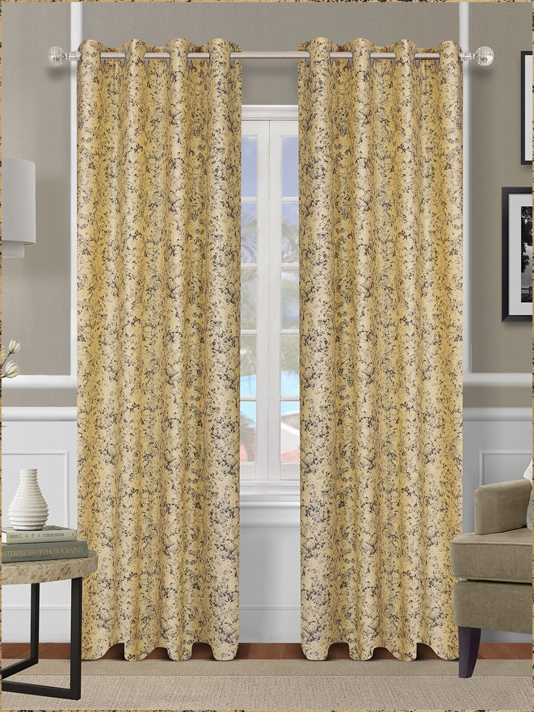 

ROMEE Yellow & Black Set of 2 Self Design Room Darkening Long Door Curtain