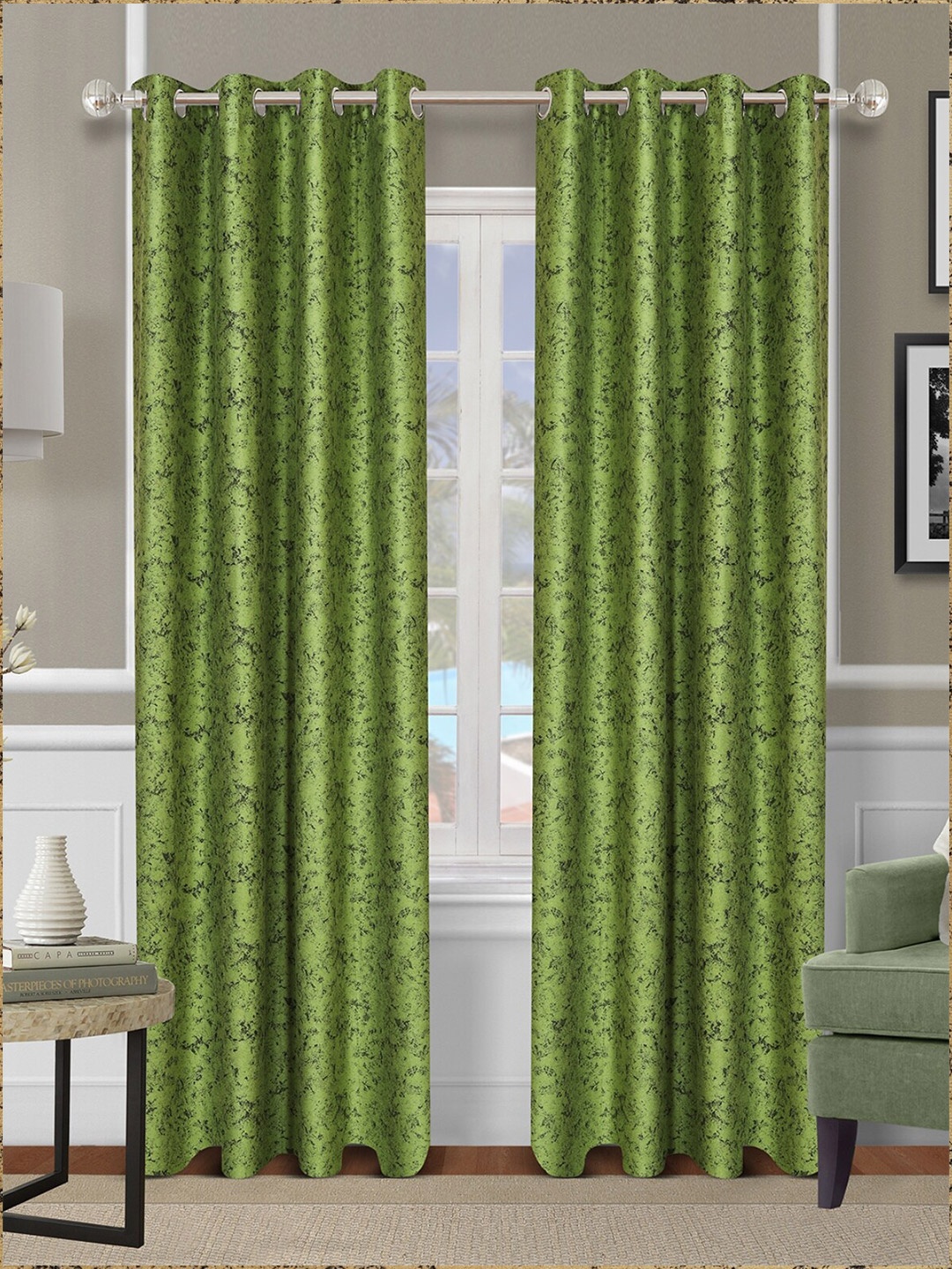 

ROMEE Green & Grey Set of 2 Self Design Room Darkening Door Curtain