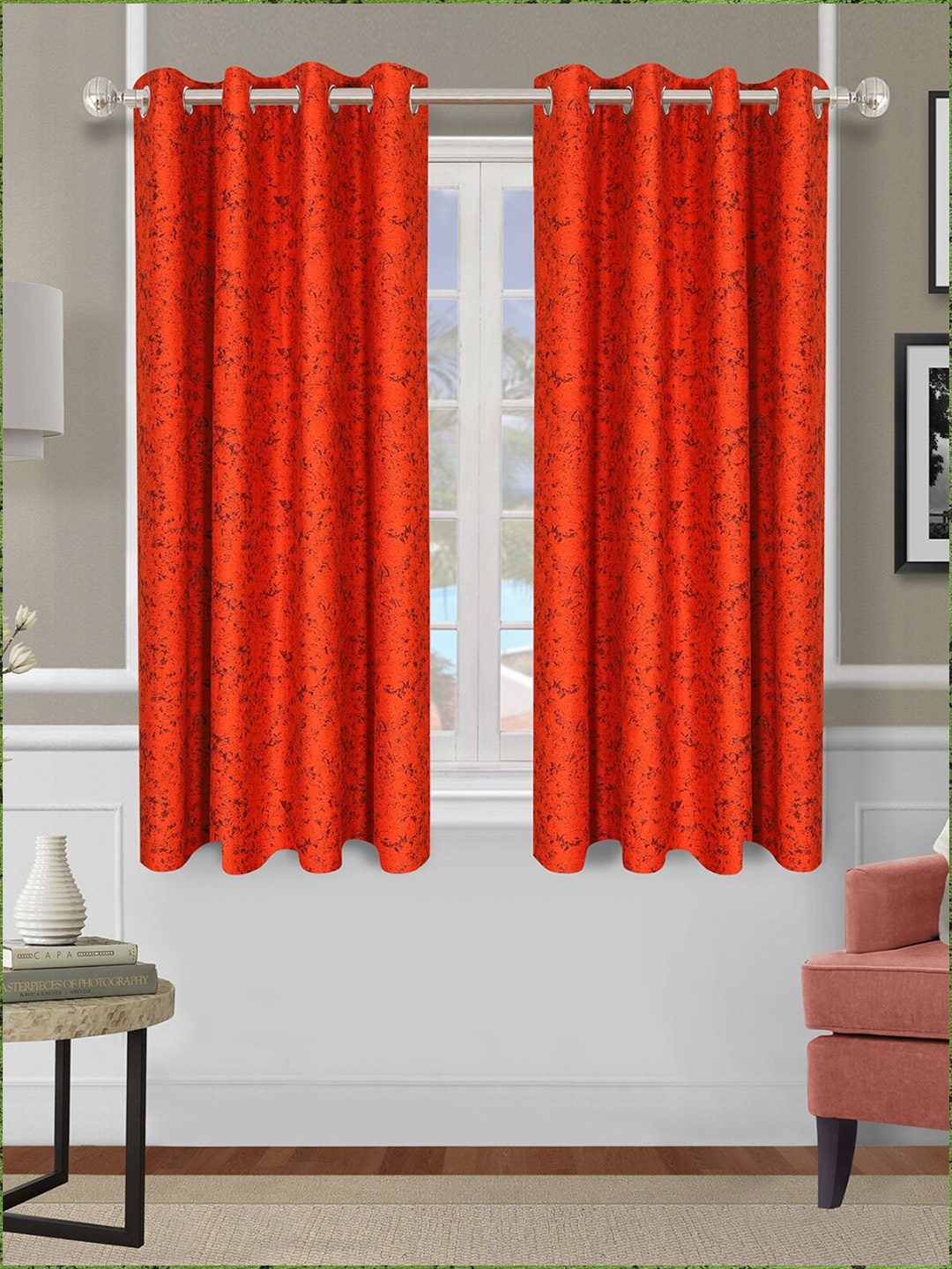 

ROMEE Red & Grey Set of 2 Self Design Room Darkening Window Curtain