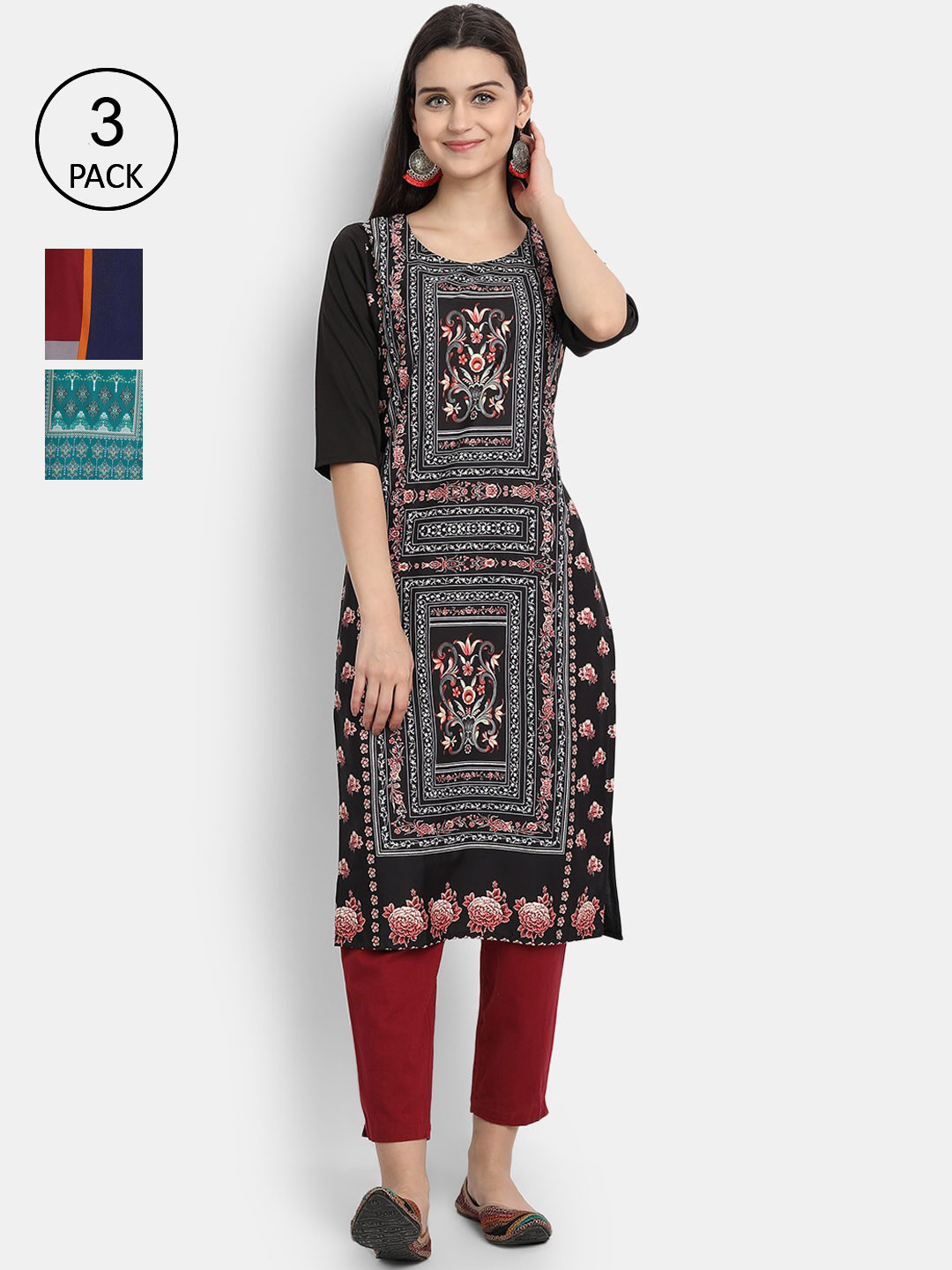 

Ethnic basket Women Pack of 3 Multicoloured Ethnic Motifs Printed Crepe Kurta, Multi