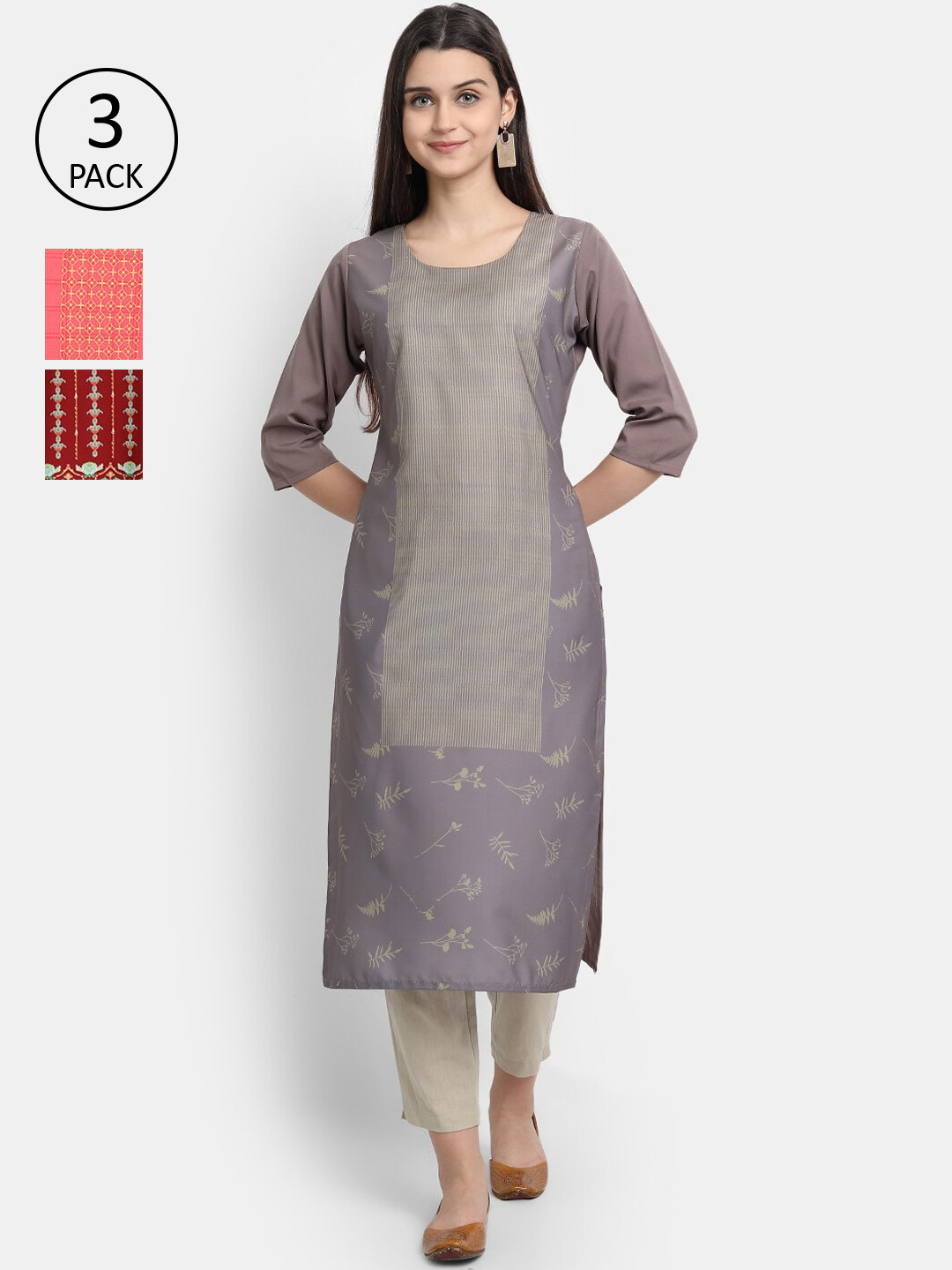 

Ethnic basket Women Multicoloured Set of 3 Ethnic Motifs Printed Crepe Kurta, Multi
