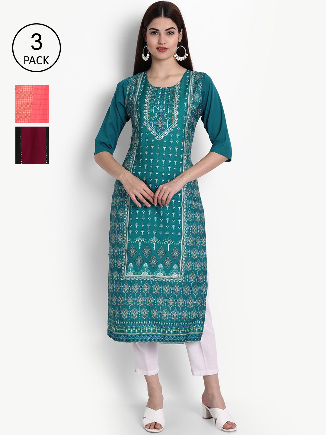 

Ethnic basket Women Pack Of 3 Digital Print Straight Kurtas, Multi
