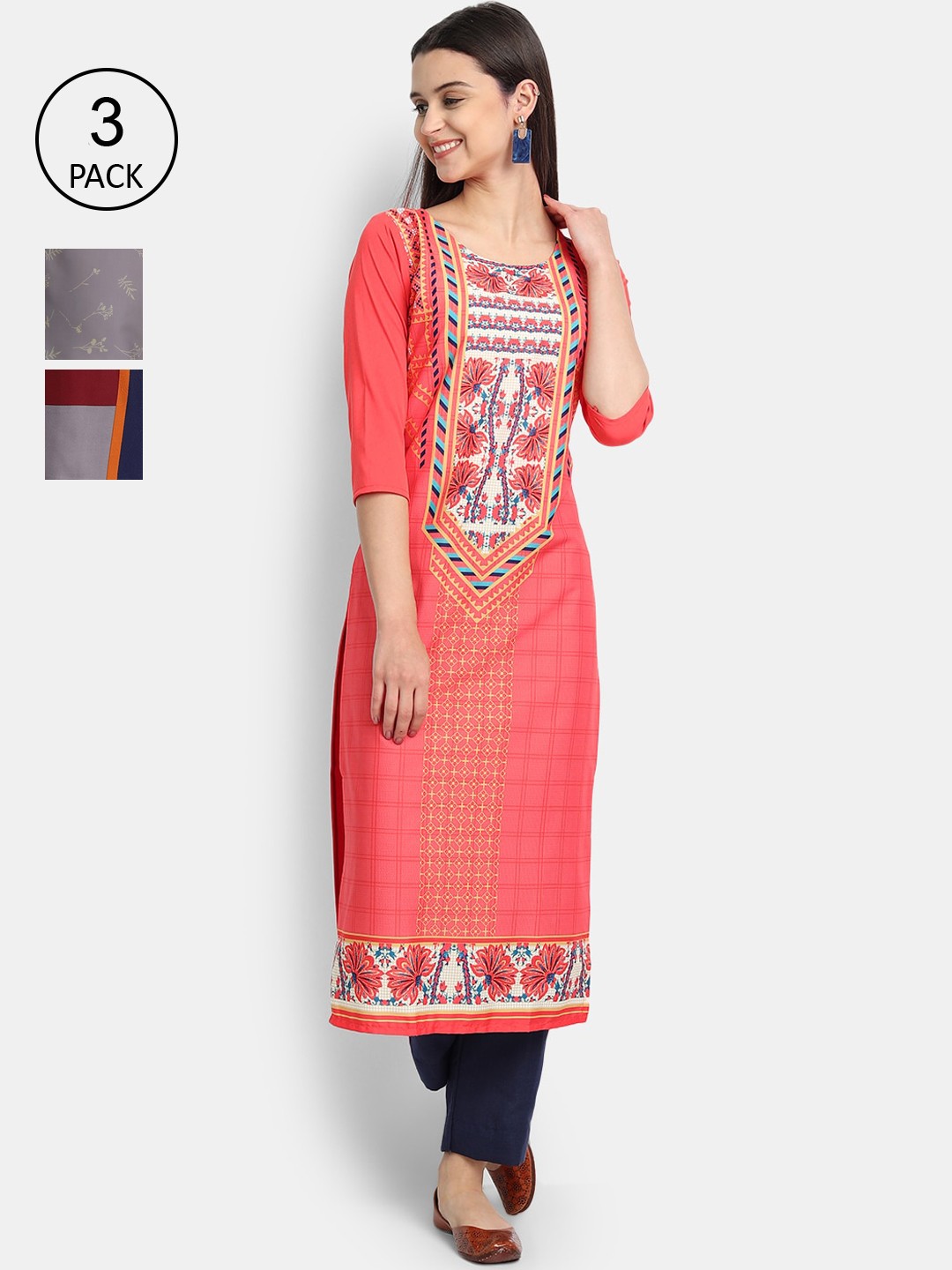 

Ethnic basket Women Pack Of 3 Digital Print Straight Kurtas, Multi