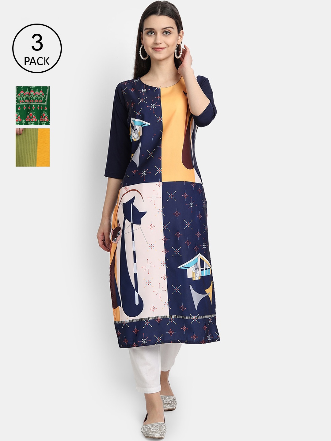 

Ethnic basket Women Pack Of 3 Digital Print Straight Kurtas, Multi