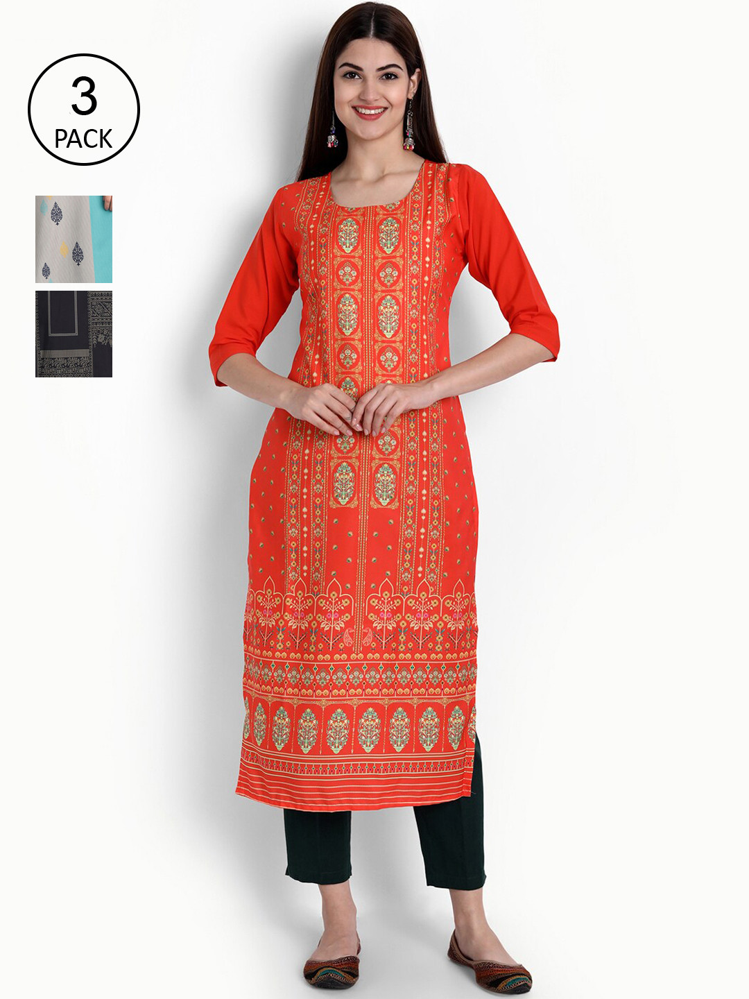 

Ethnic basket Women Pack Of 3 Straight Kurtas, Black