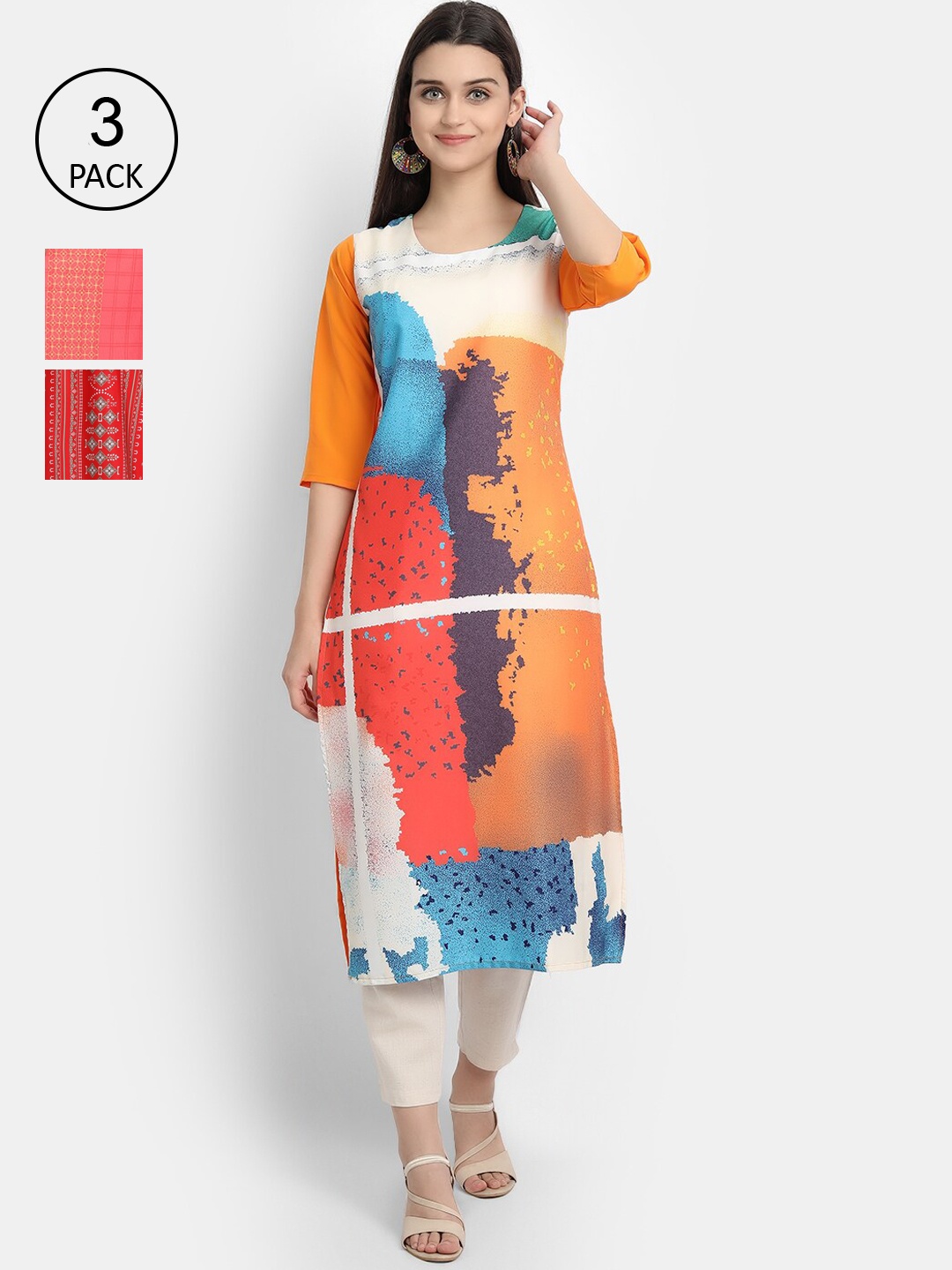 

Ethnic basket Women Multicoloured Pack Of 3 Ethnic Motifs Printed Kurta, Multi