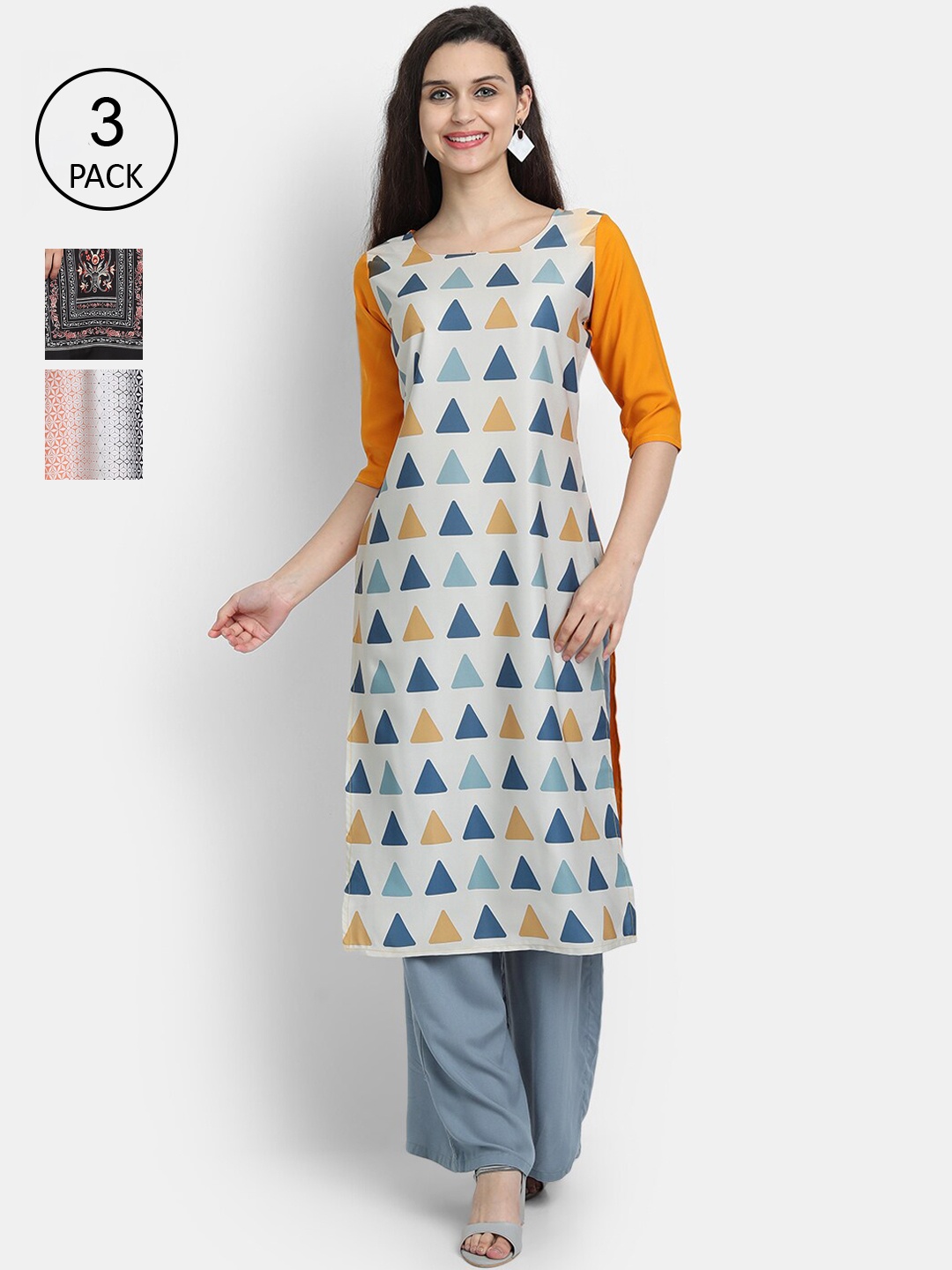 

Ethnic basket Women Pack of 3 Multicoloured Ethnic Motifs Printed Crepe Kurta, Multi