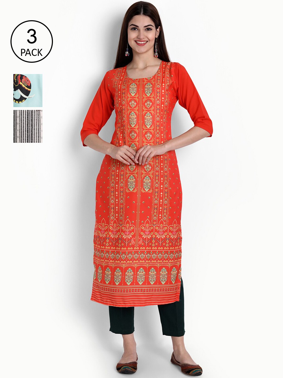 

Ethnic basket Women Pack Of 3 Multicoloured Ethnic Motifs Printed Crepe Kurta, Multi