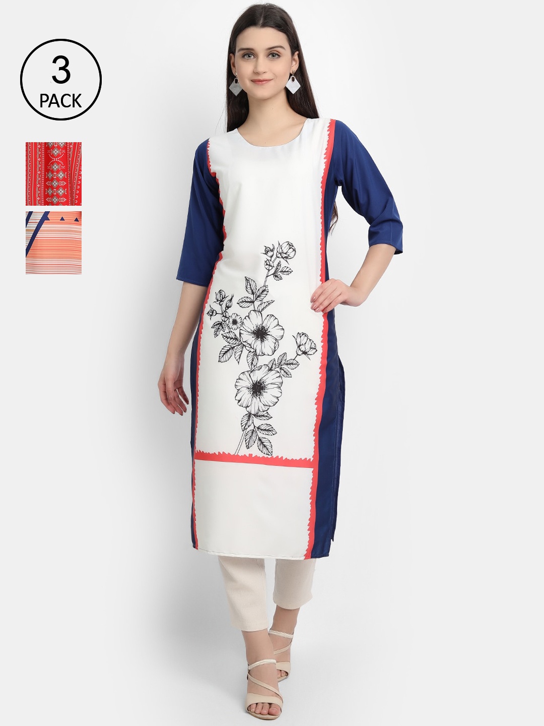 

Ethnic basket Women Pack of 3 Multicoloured Floral Printed Crepe Kurta, Multi