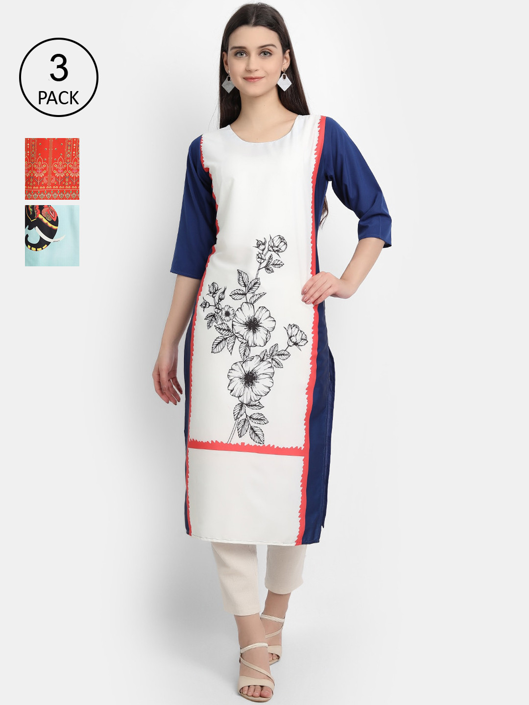 

Ethnic basket Women Pack Of 3 Straight Kurtas, Blue