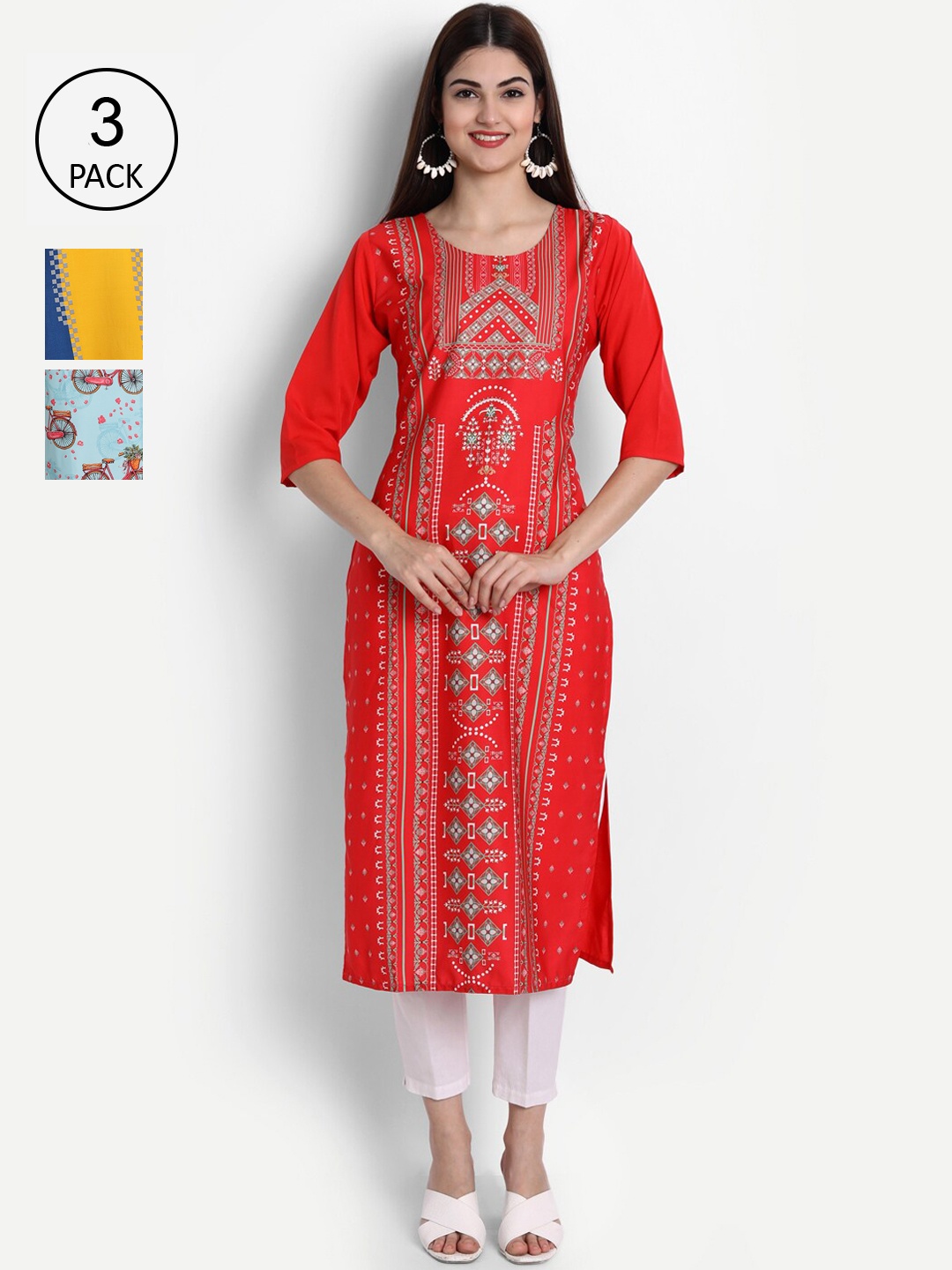 

Ethnic basket Women Pack of 3 Multicoloured Floral Printed Crepe Kurta, Multi