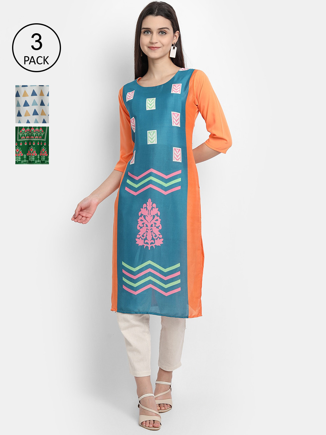 

Ethnic basket Women Pack of 3 Multicoloured Floral Printed Crepe Kurta, Multi