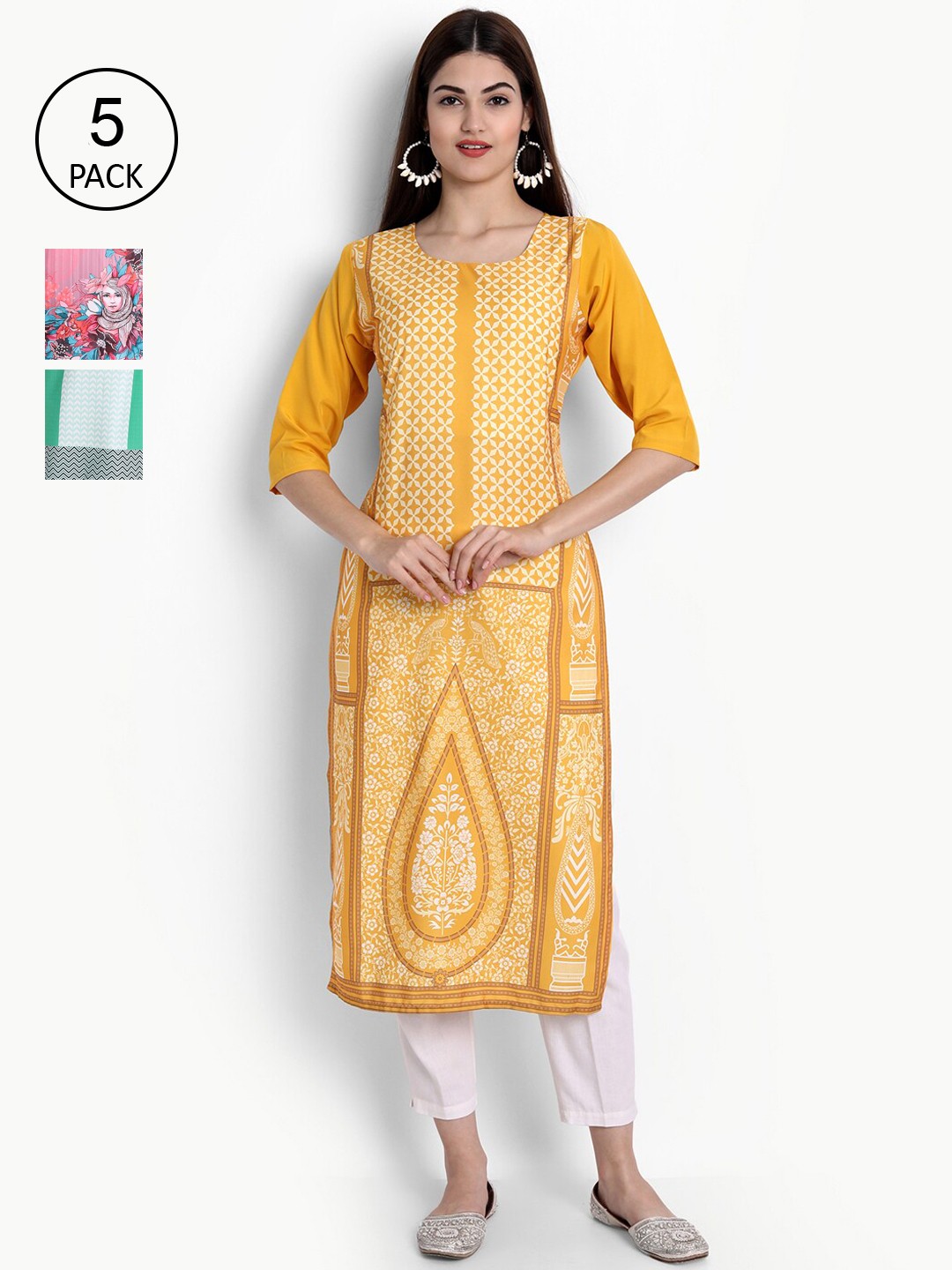 

Ethnic basket Women Mustard Yellow & Pink Pack Of 5 Ethnic Motifs Printed Kurta