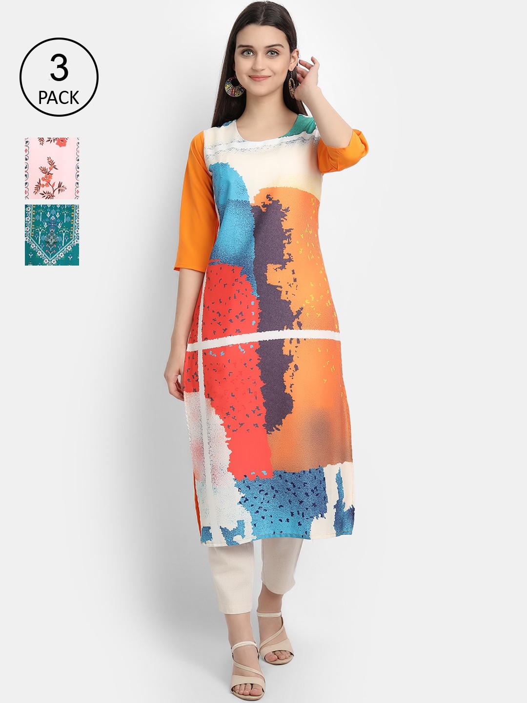

Ethnic basket Women Multicoloured Set of 3 Ethnic Motifs Printed Crepe Kurta, Multi