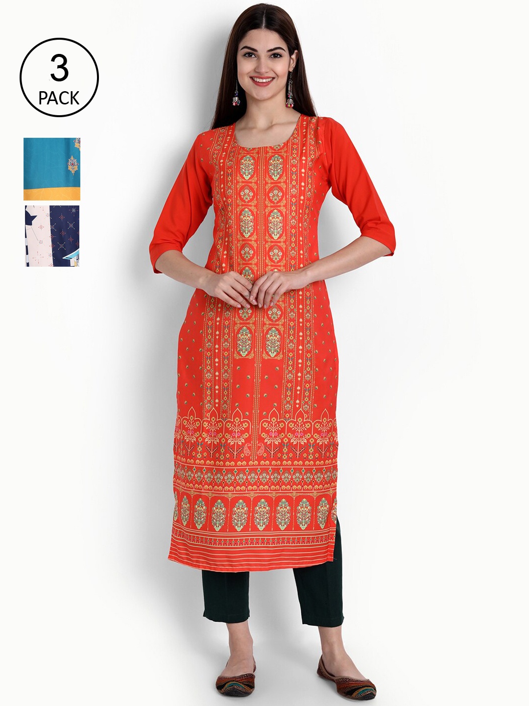 

Ethnic basket Women Pack Of 3 Straight Kurtas, Red