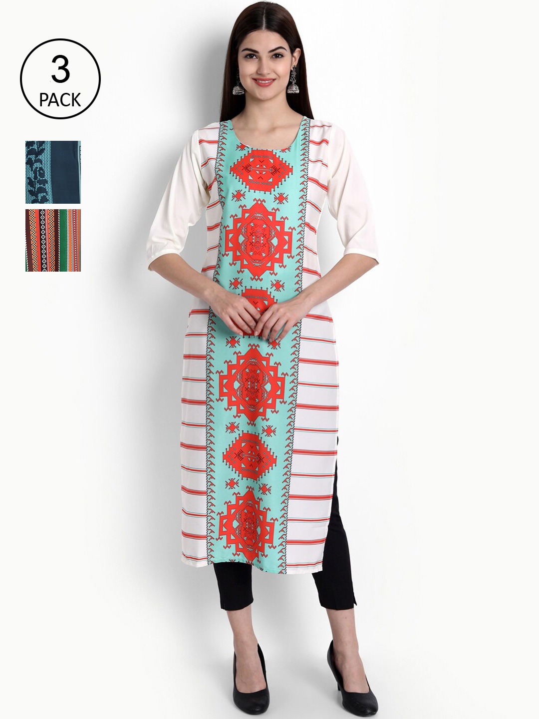 

Ethnic basket Women Pack of 3 Multicoloured Ethnic Motifs Printed Crepe Kurta, Multi