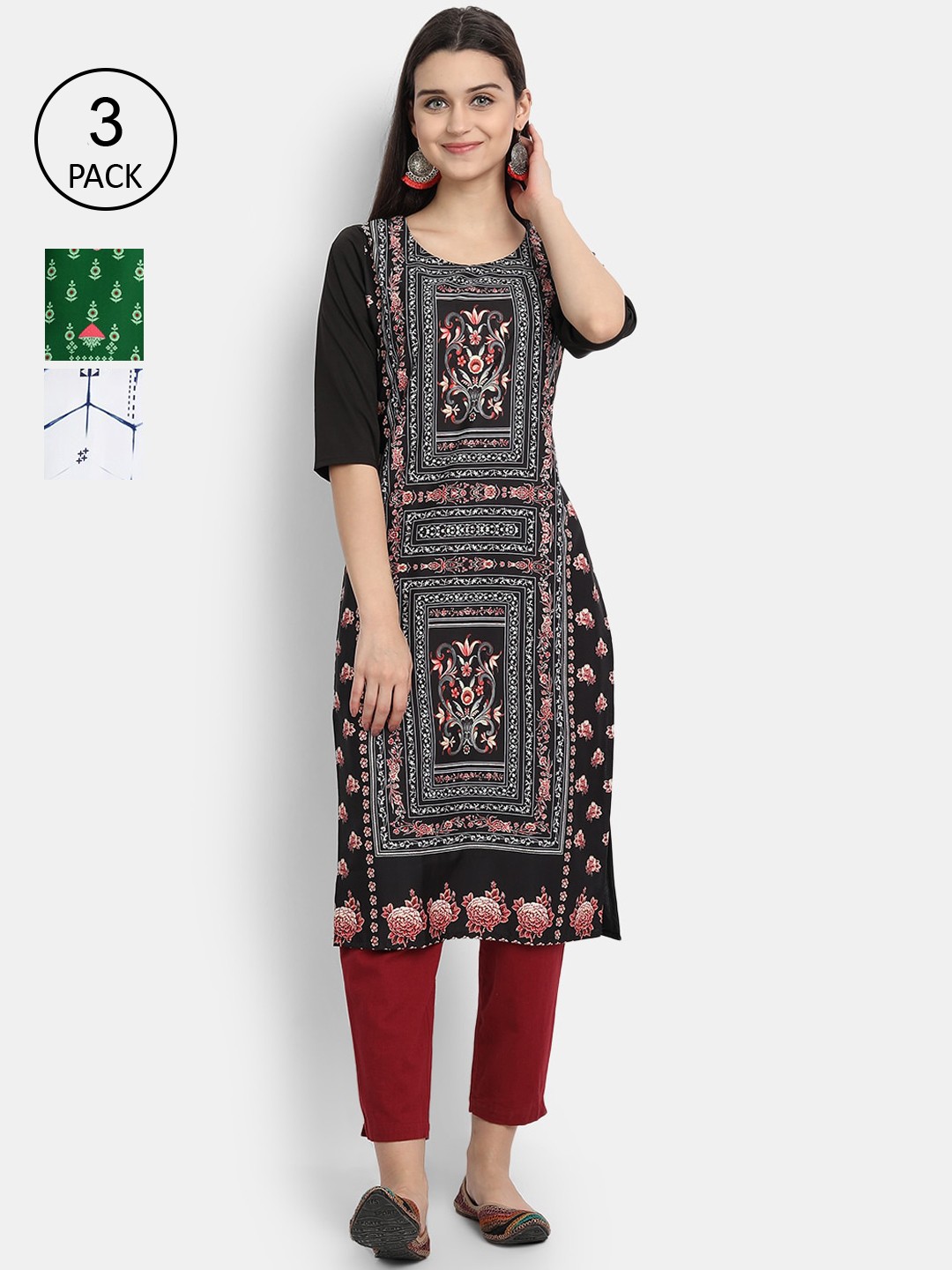 

Ethnic basket Women Pack Of 3 Multicoloured Ethnic Motifs Printed Crepe Kurta, Multi