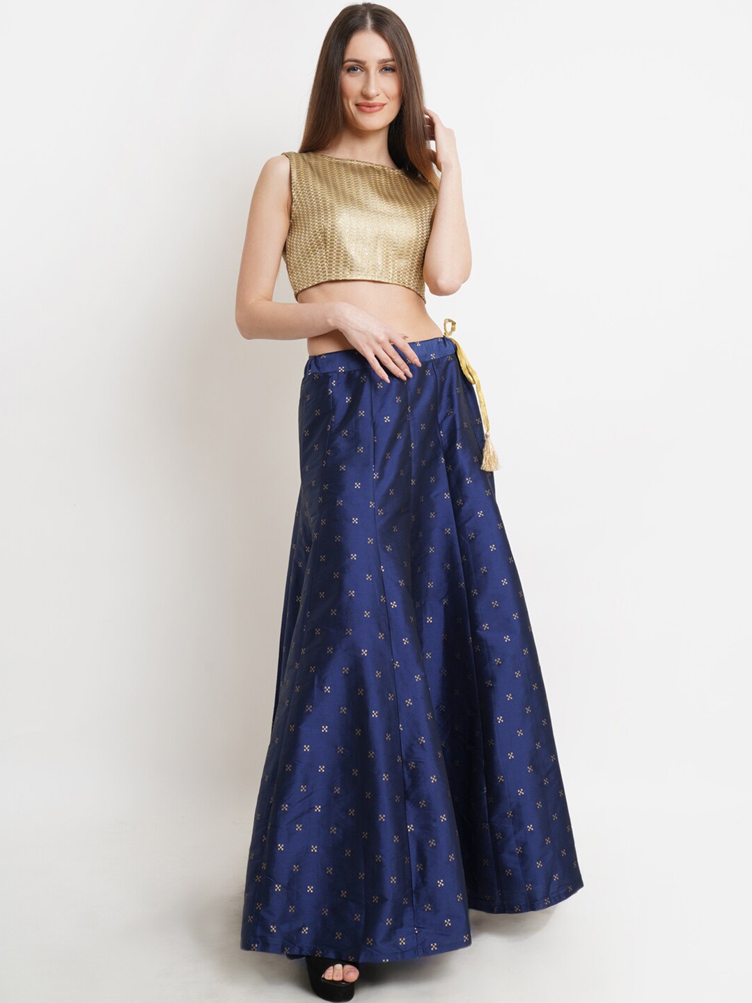 

WESTCLO Women Navy Blue & Gold-Toned Woven Design Ready to Wear Lehenga Choli
