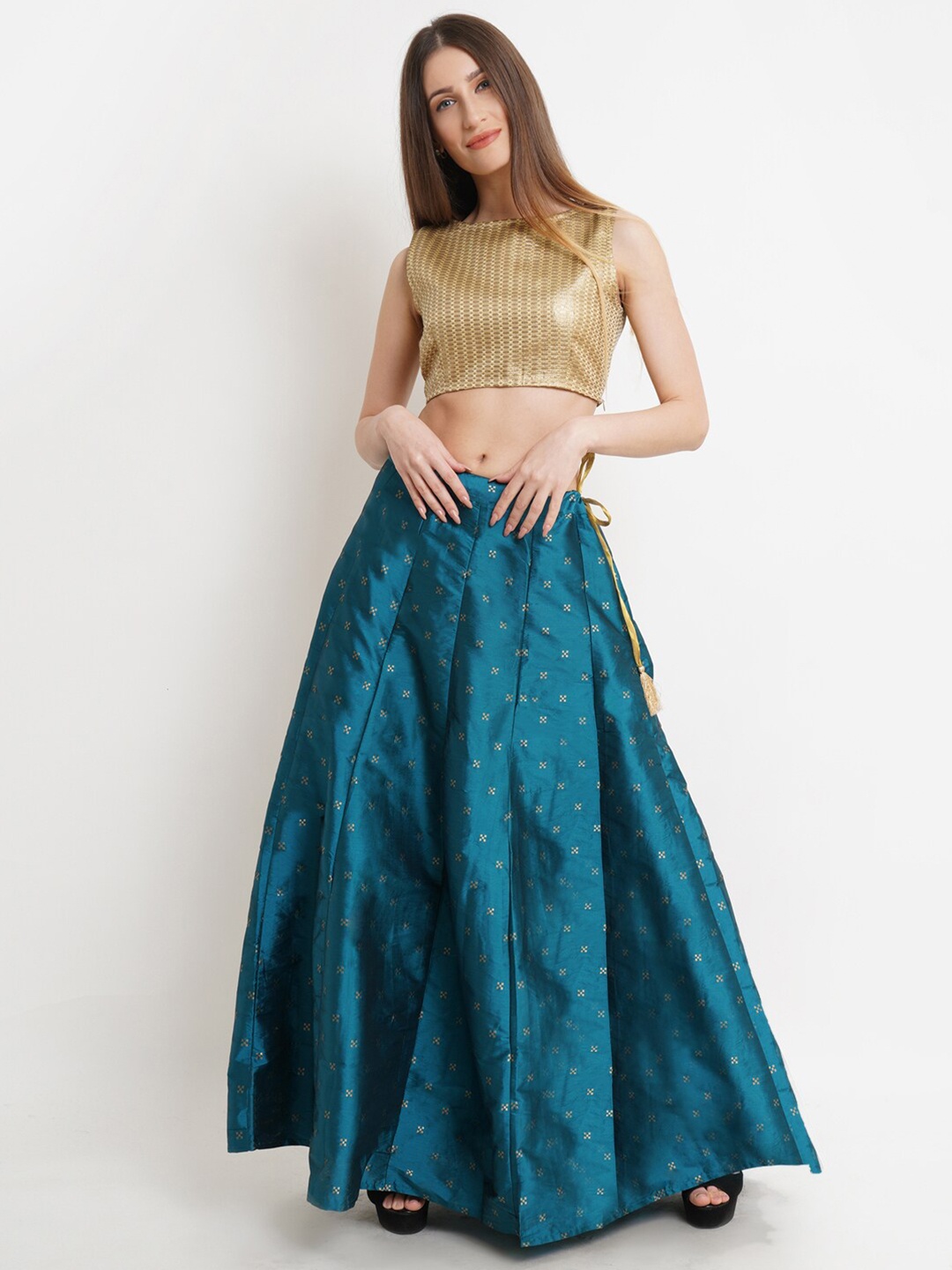 

WESTCLO Women Teal & Gold-Toned Woven Design Ready to Wear Lehenga Choli