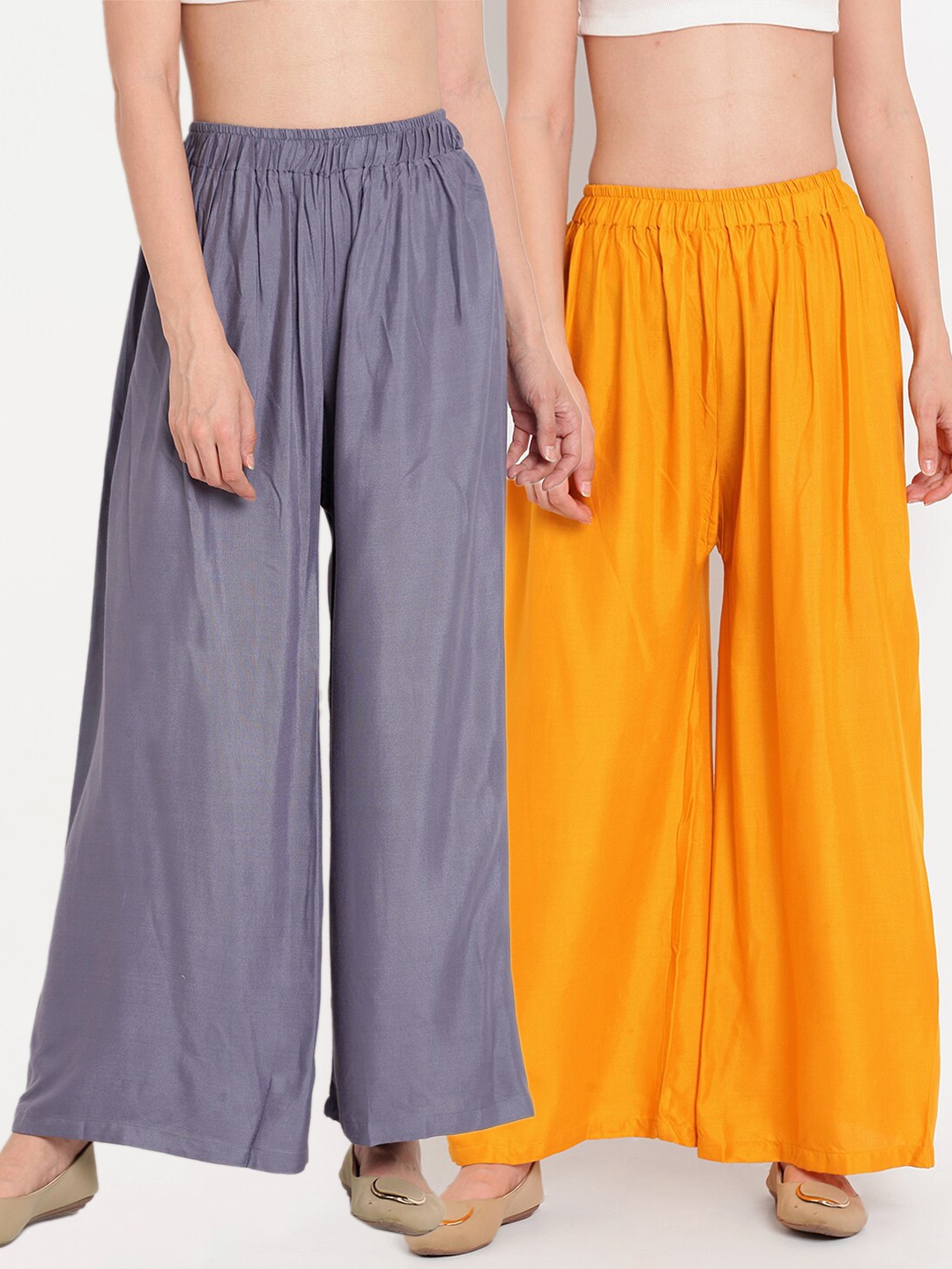 

TAG 7 Women Grey & Yellow Set of 2 Flared Ethnic Palazzos