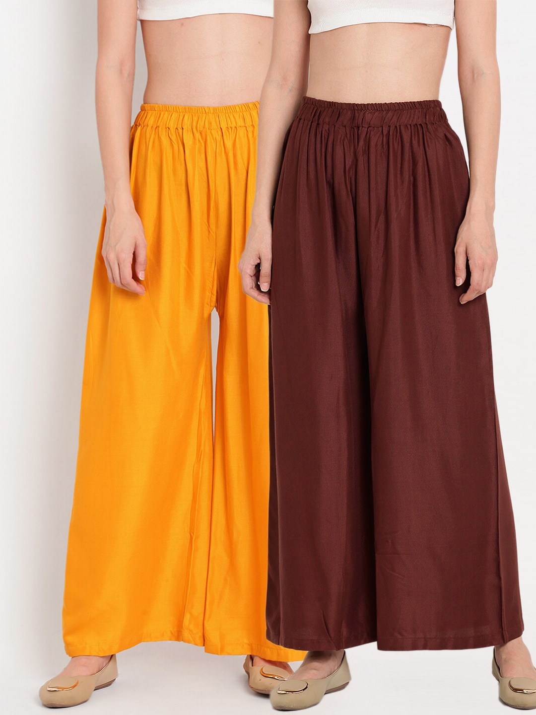 

TAG 7 Women Brown & Yellow Set of 2 Flared Ethnic Palazzos