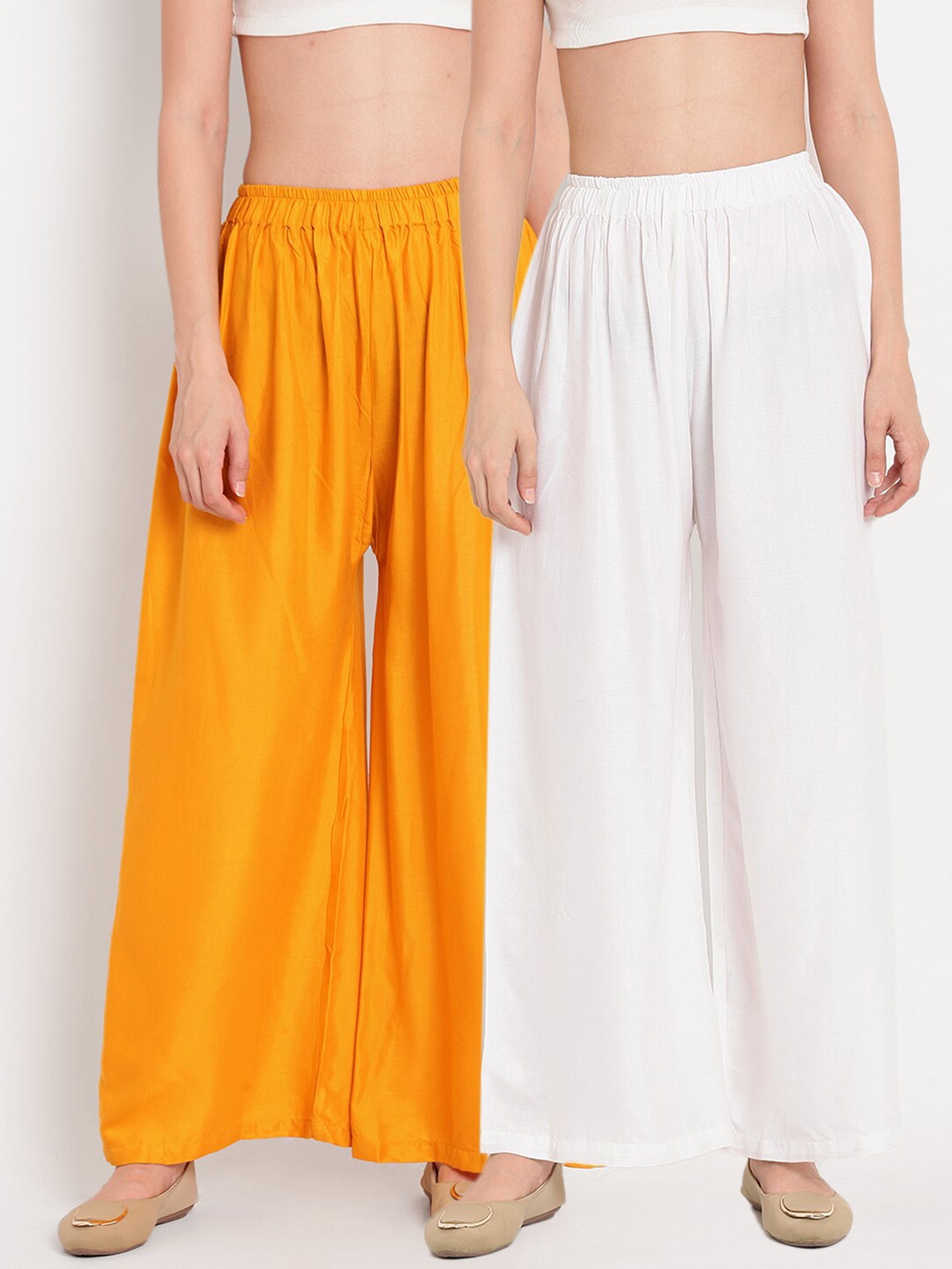 

TAG 7 Women White & Yellow Set of 2 Flared Ethnic Palazzos