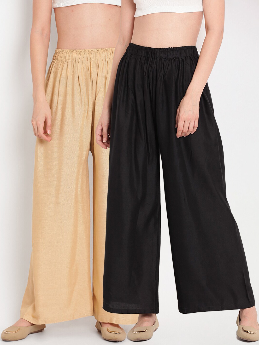 

TAG 7 Women Black & Beige Set of 2 Flared Ethnic Palazzos