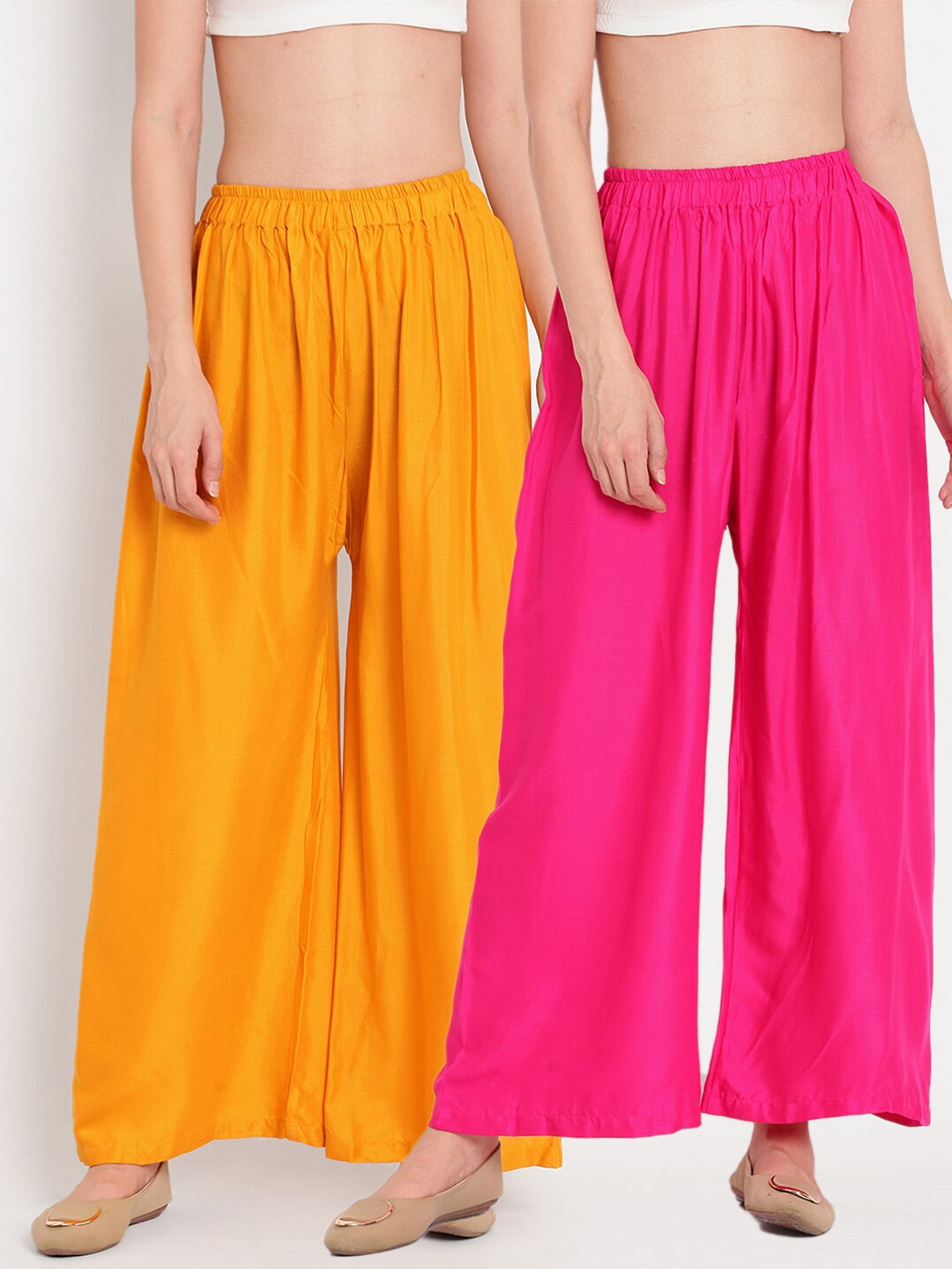 

TAG 7 Women Pink & Yellow Set of 2 Flared Ethnic Palazzos