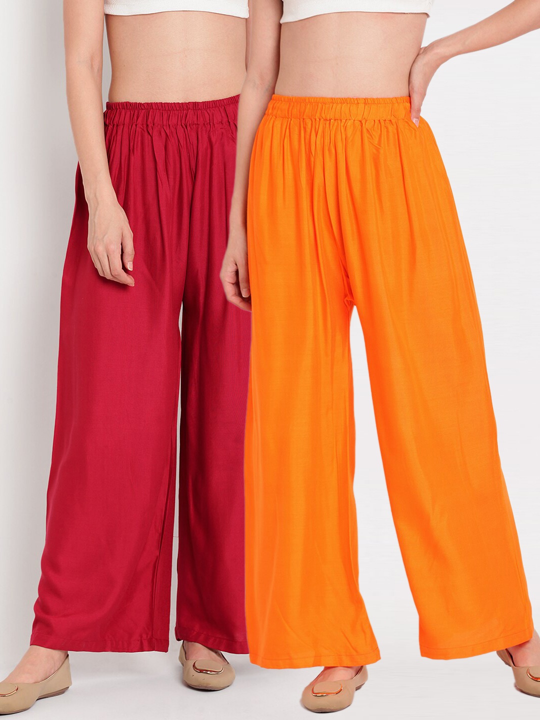 

TAG 7 Women Orange & Maroon Set of 2 Flared Ethnic Palazzos