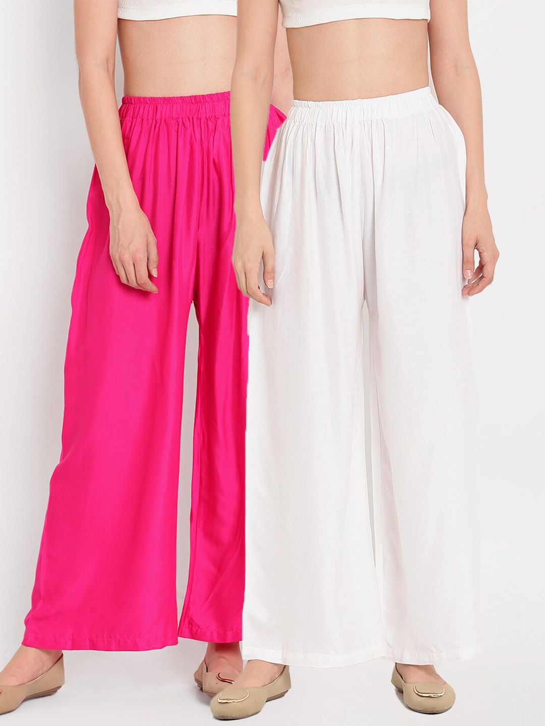 

TAG 7 Women White & Pink Set of 2 Flared Ethnic Palazzos