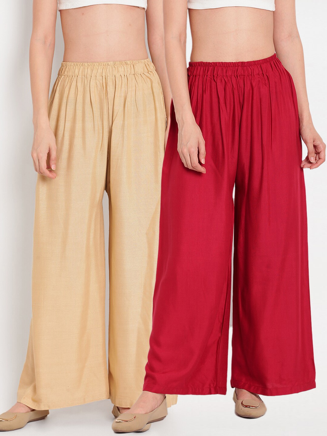 

TAG 7 Women Maroon & Beige Set of 2 Flared Ethnic Palazzos