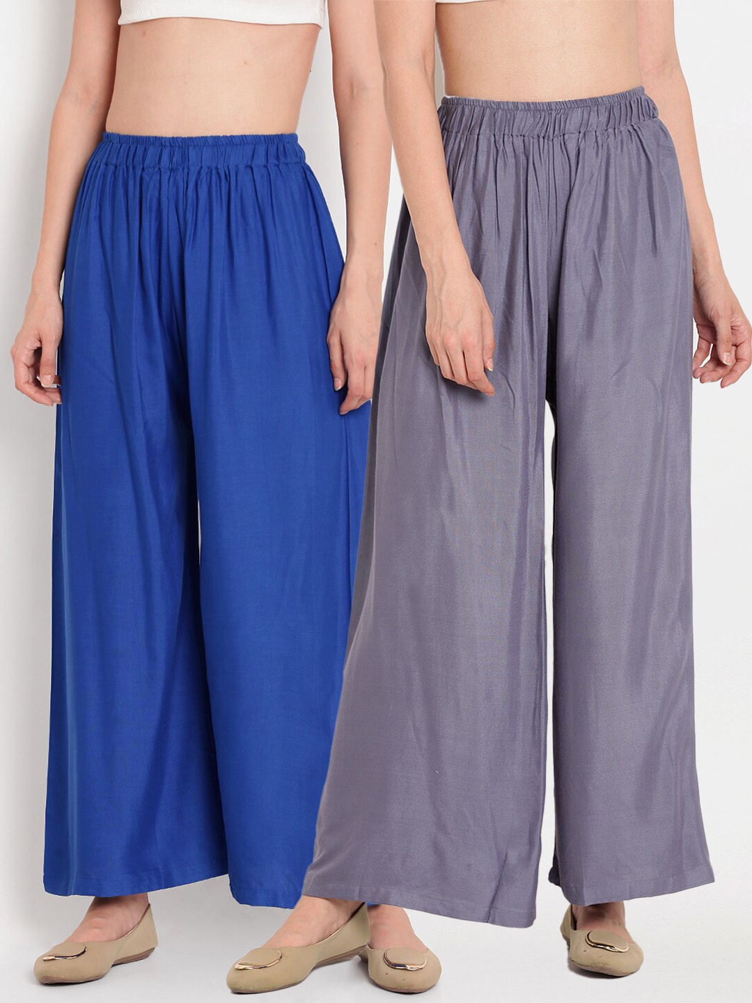 

TAG 7 Women Grey & Blue Set of 2 Flared Ethnic Palazzos