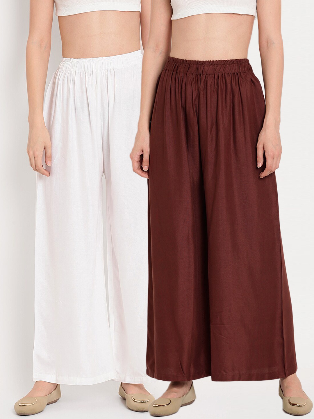 

TAG 7 Women White & Brown Set of 2 Flared Ethnic Palazzos