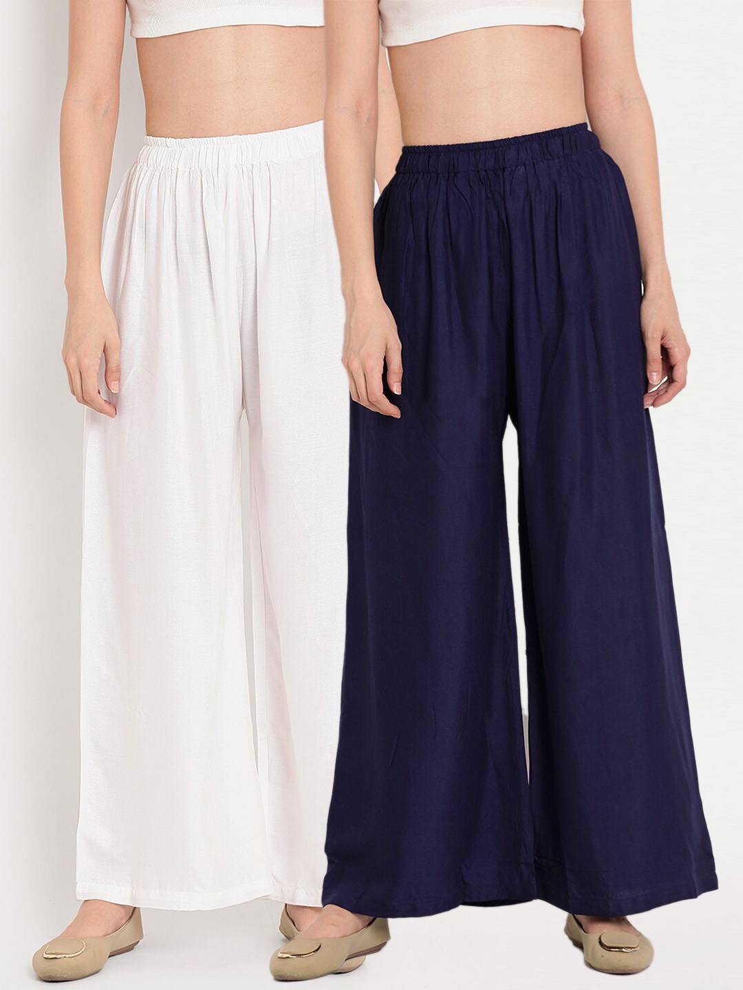 

TAG 7 Women White & Navy Blue Set of 2 Flared Ethnic Palazzos
