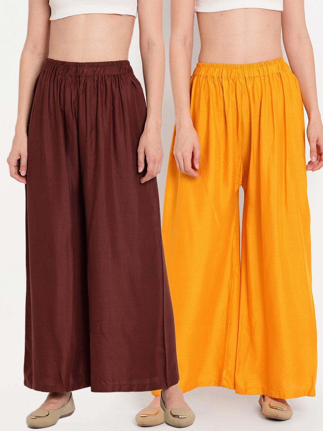 

TAG 7 Women Brown & Yellow Set of 2 Flared Ethnic Palazzos