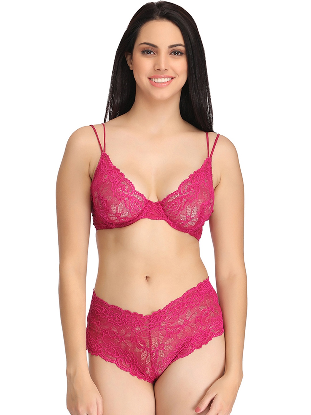 

Clovia Pink Lace Lingerie Set BP0799P1434D
