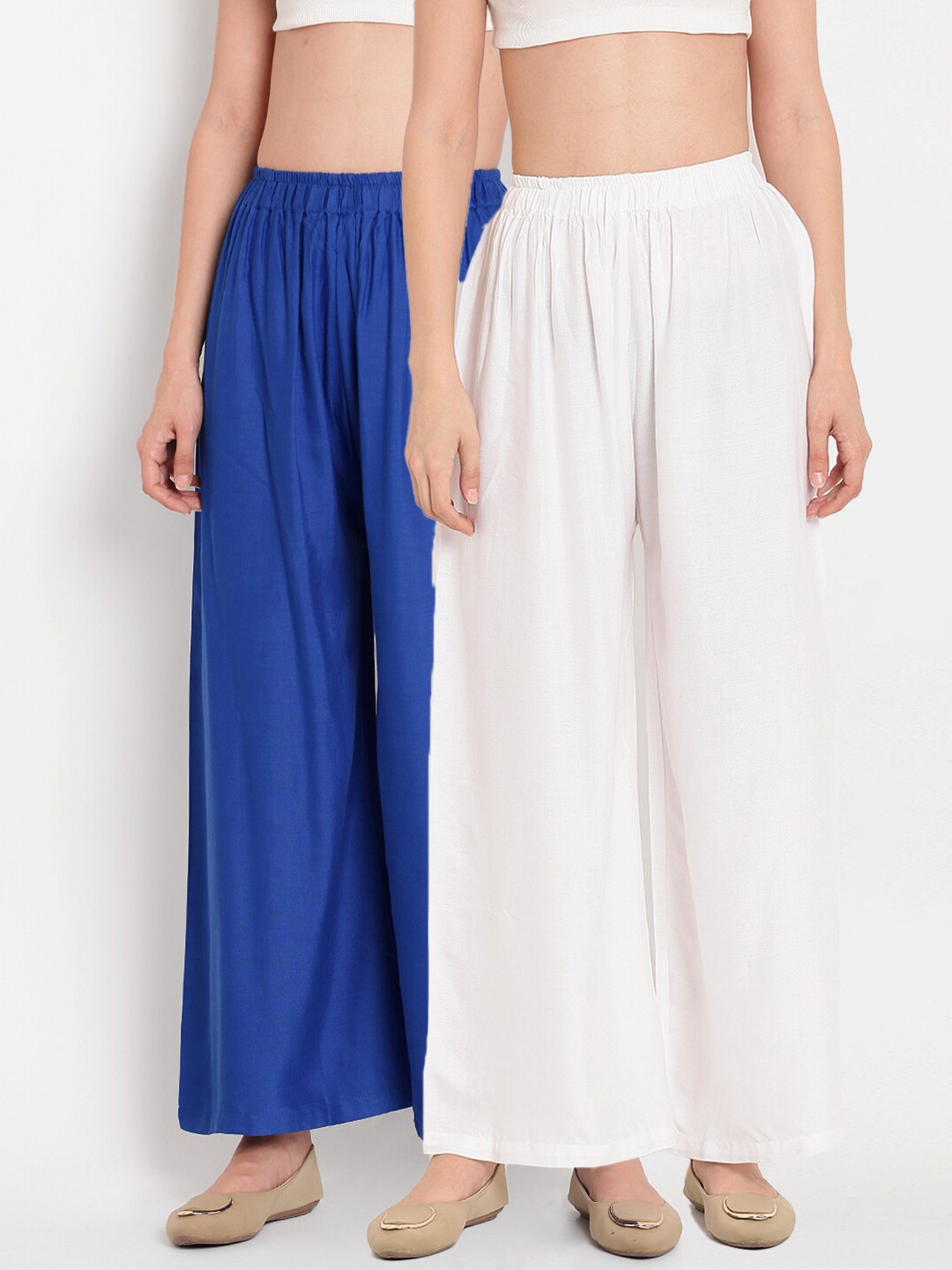 

TAG 7 Women White & Blue Set of 2 Flared Ethnic Palazzos
