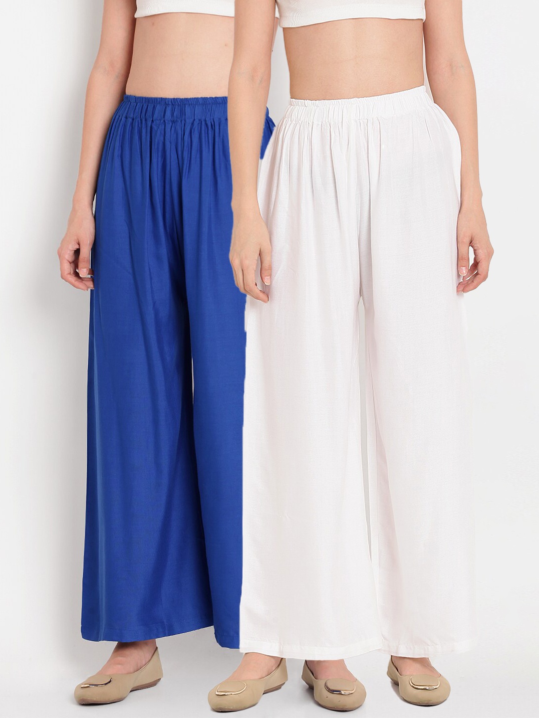 

TAG 7 Women White & Blue Set of 2 Flared Ethnic Palazzos