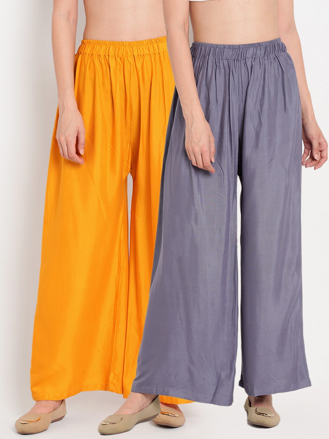 

TAG 7 Women Grey & Yellow Set of 2 Flared Ethnic Palazzos
