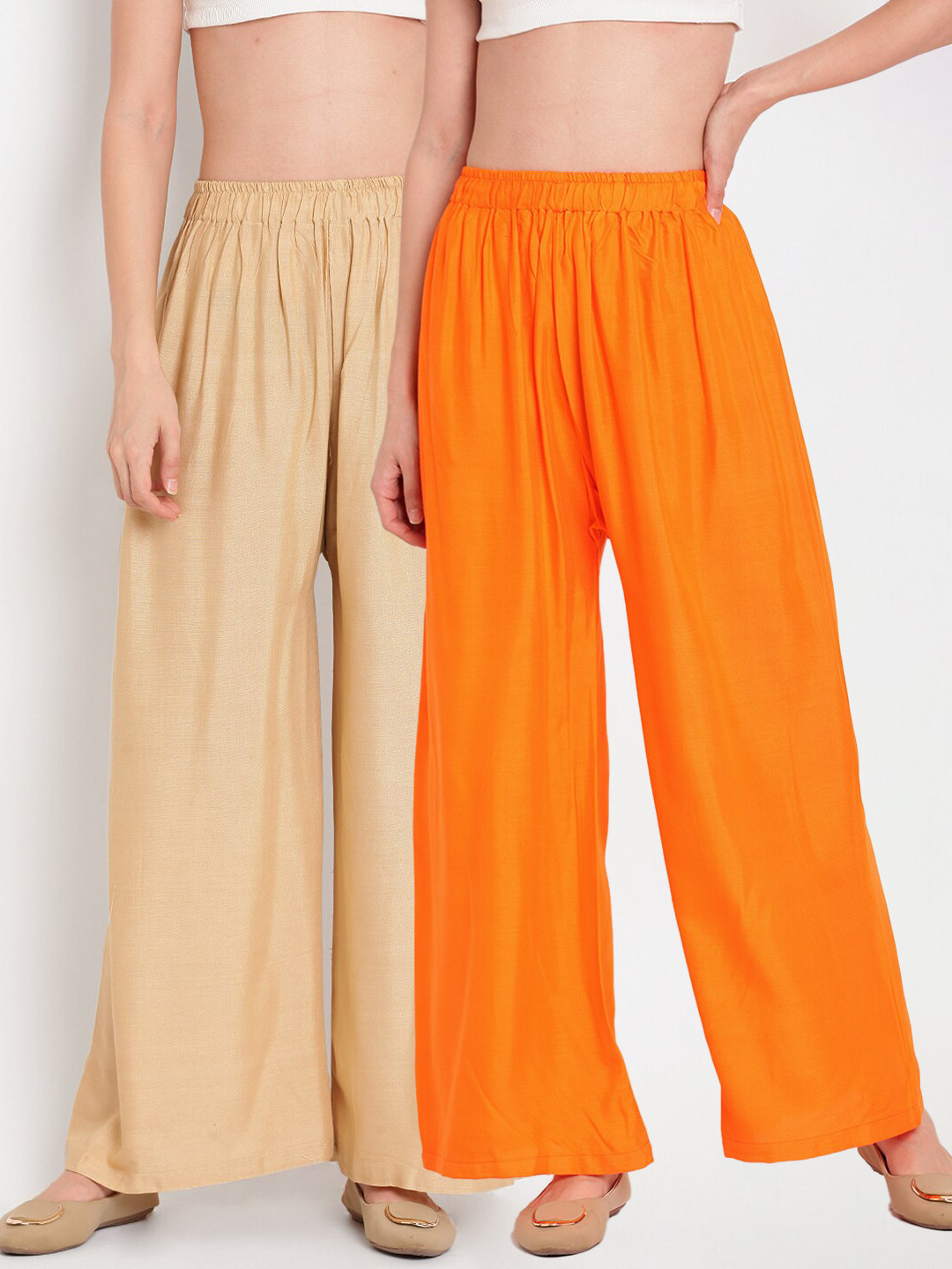 

TAG 7 Women Orange & Beige Set of 2 Flared Ethnic Palazzos