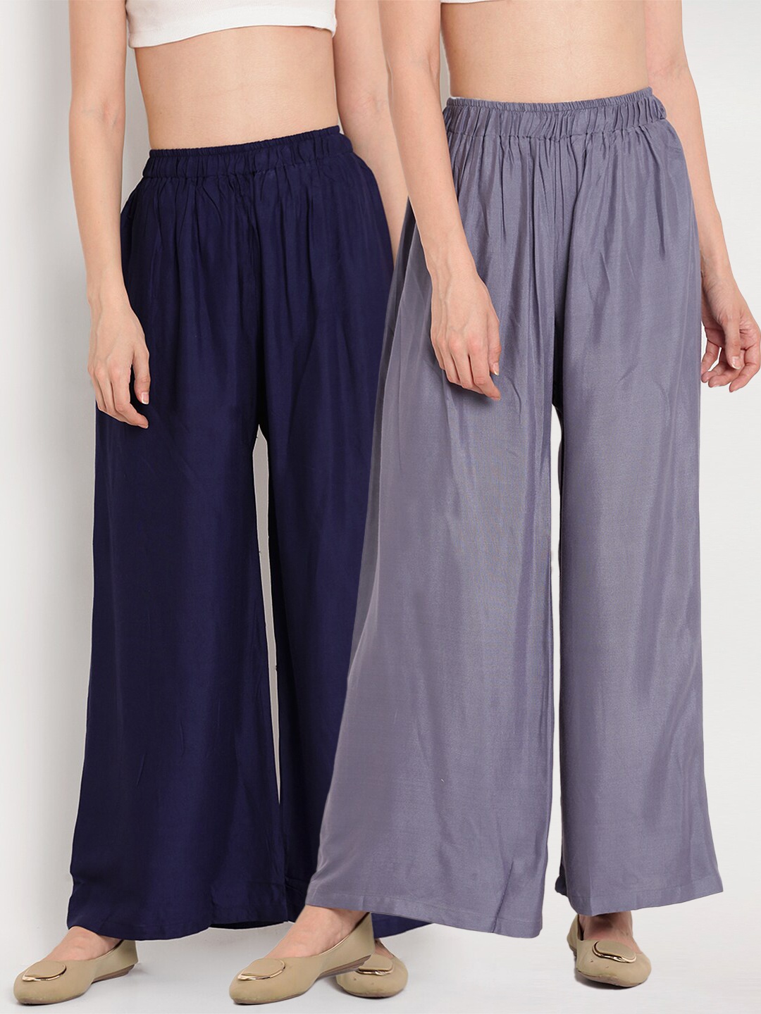

TAG 7 Women Grey & Navy Blue Set of 2 Flared Ethnic Palazzos
