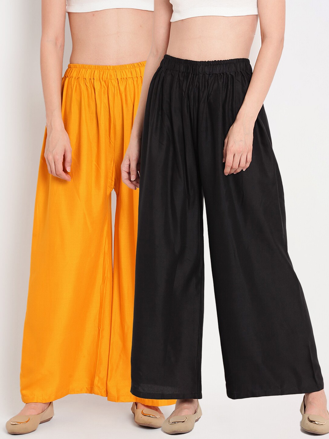 

TAG 7 Women Black & Yellow Set of 2 Flared Ethnic Palazzos