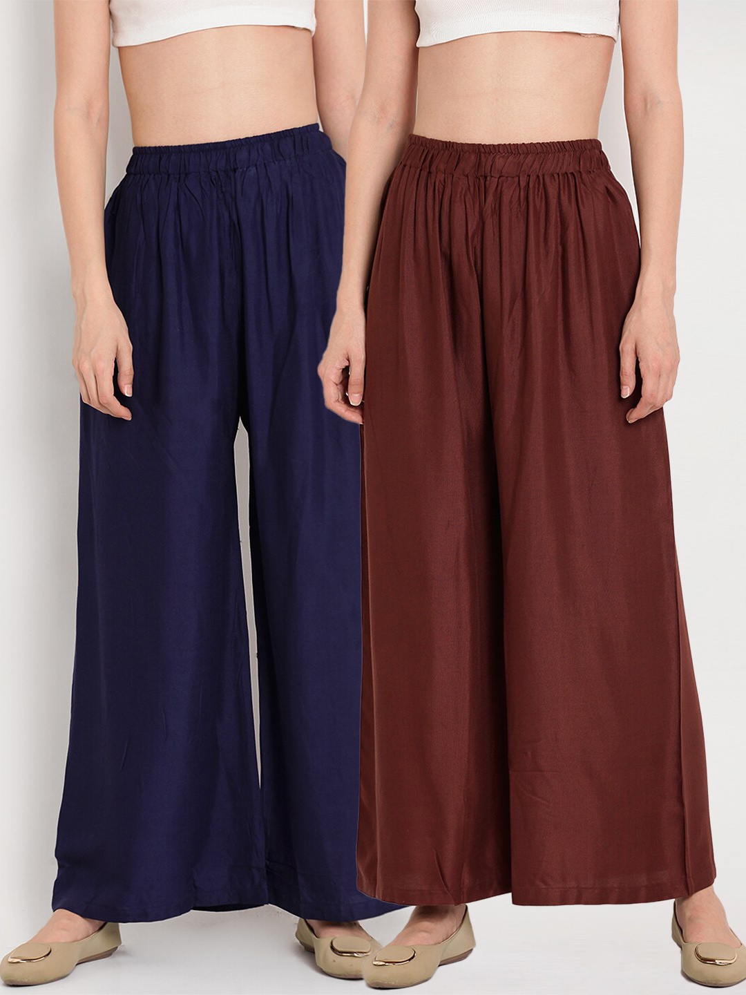 

TAG 7 Women Brown & Navy Blue Set of 2 Flared Ethnic Palazzos