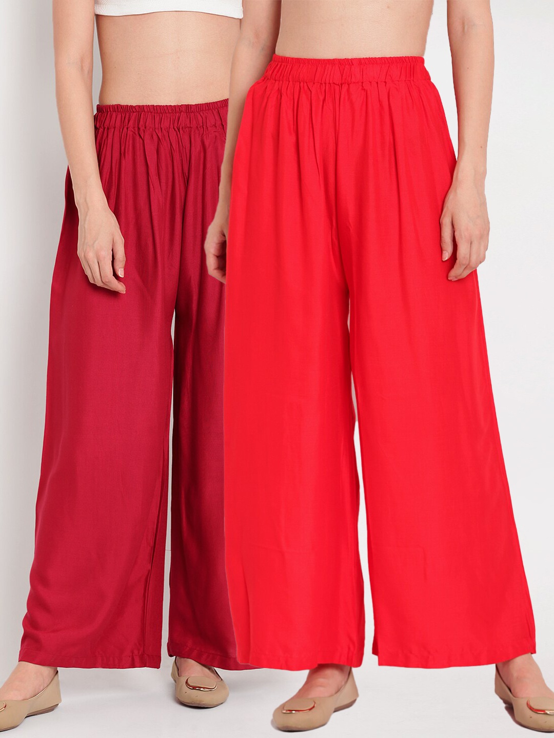 

TAG 7 Women Red & Maroon Set of 2 Flared Ethnic Palazzos