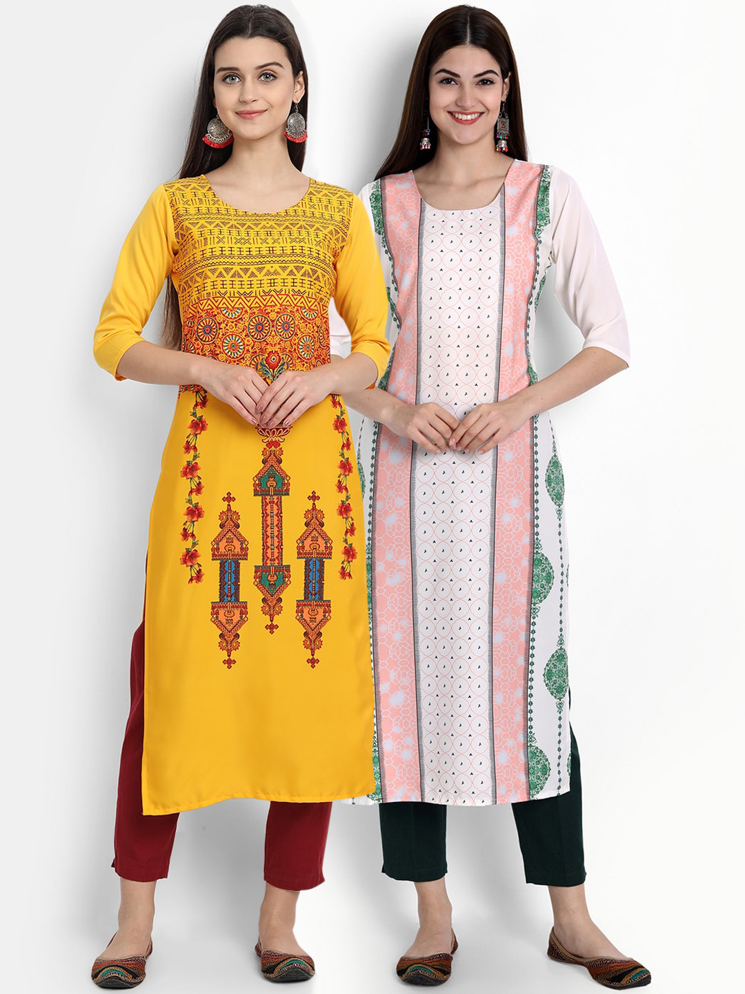 

Ethnic basket Women Yellow & White Ethnic Motifs Printed Crepe Kurta
