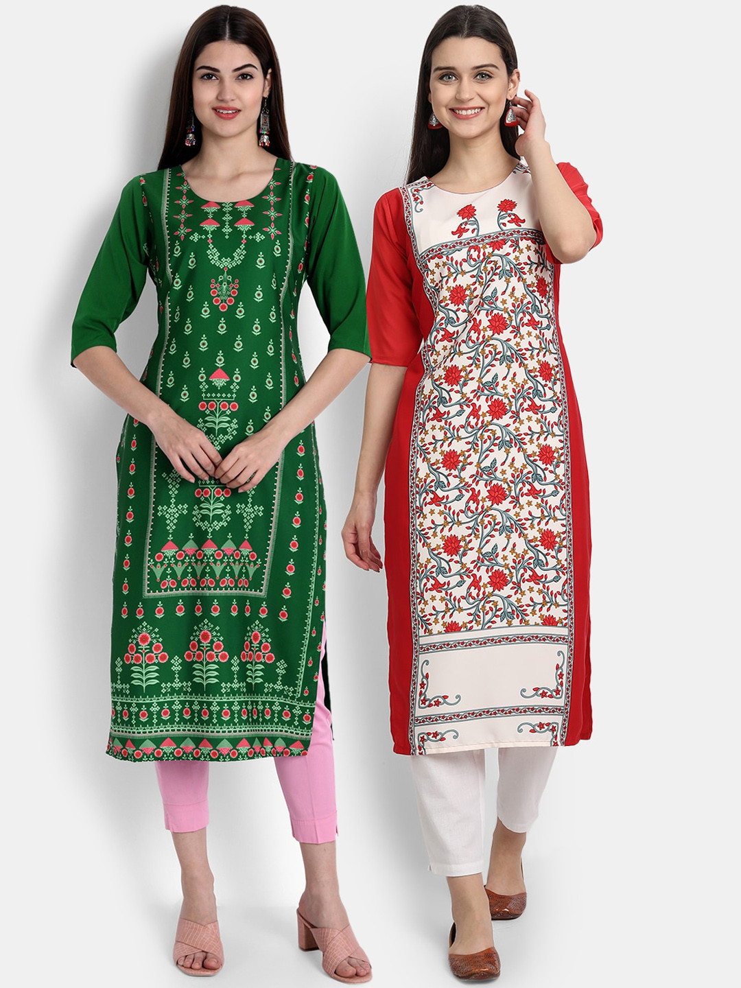 

Ethnic basket Women Green & White Floral Printed Crepe Kurta Pack Of 2