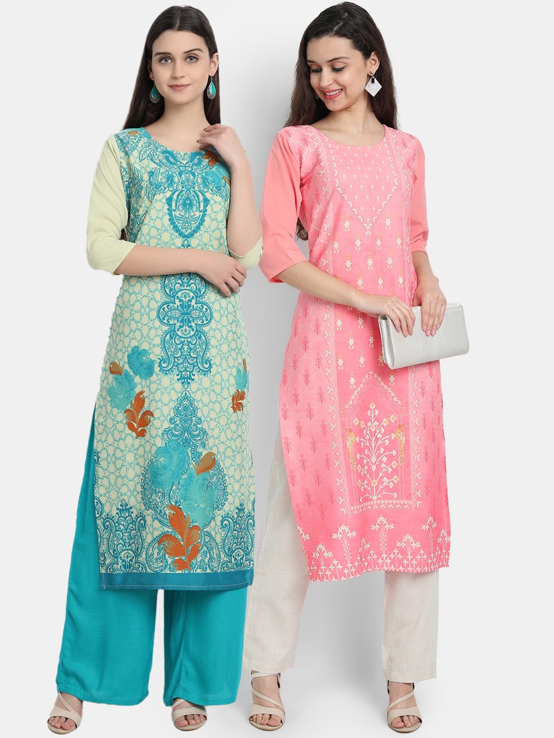 

Ethnic basket Women Pack of 2 Turquoise Blue & Pink Floral Printed Crepe Kurtas